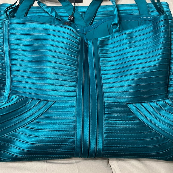 BCBGMaxAzria Blue Mini Bodycon Dress with Ribbed Bustier and Spaghetti Straps - Picture 4 of 8